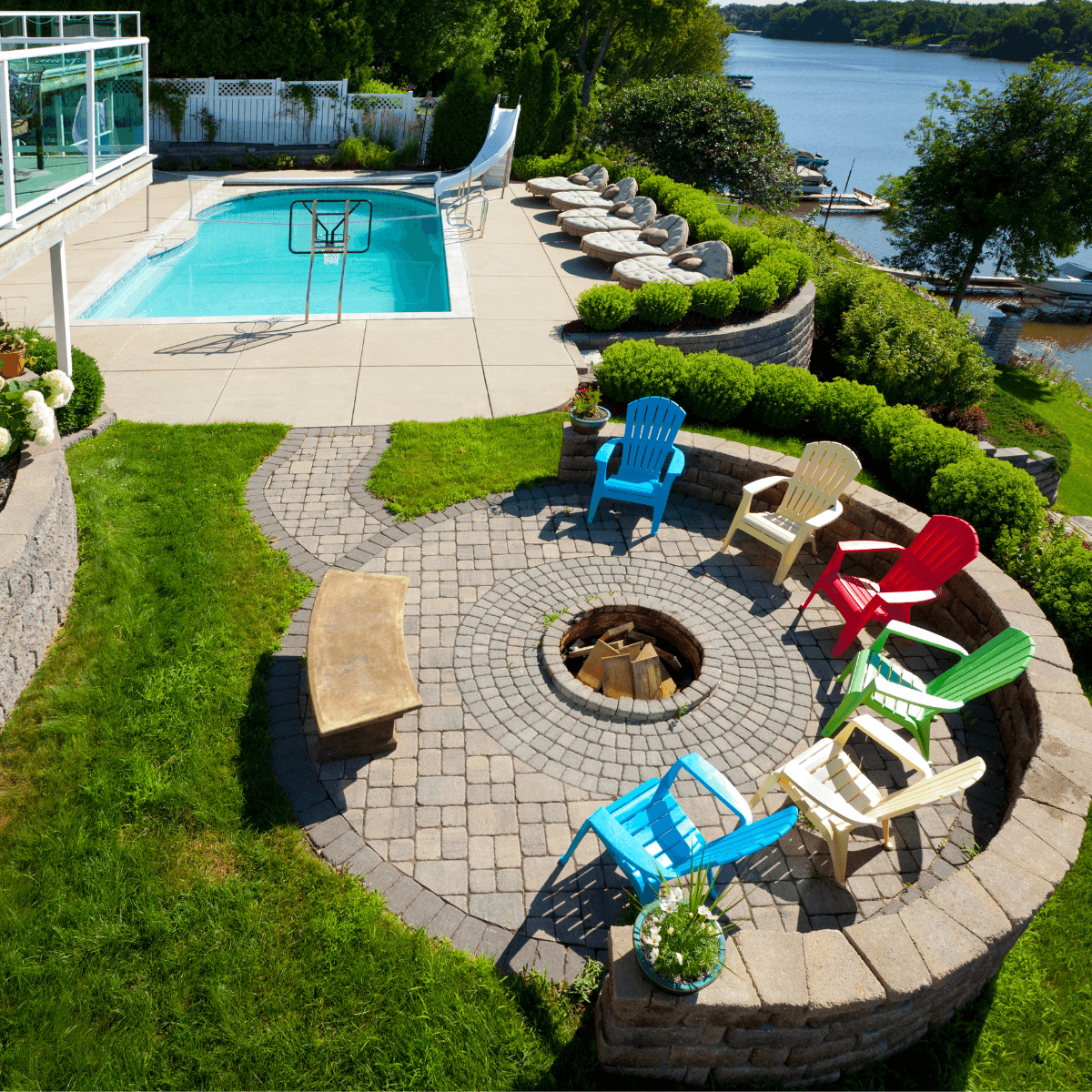 backyard oasis pool and fireplace 2 different custom designed concrete decks. one around the pool and one around the fireplace.